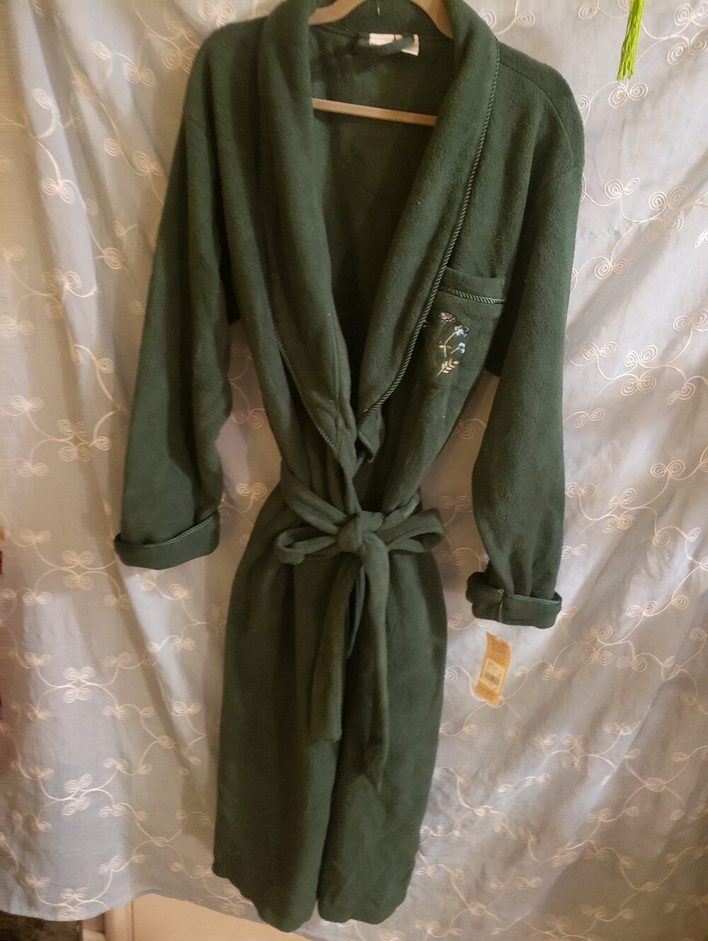 NWT Vintage Cherokee Green Fleece Robe Womens XL Embroidered Floral Long Wrap